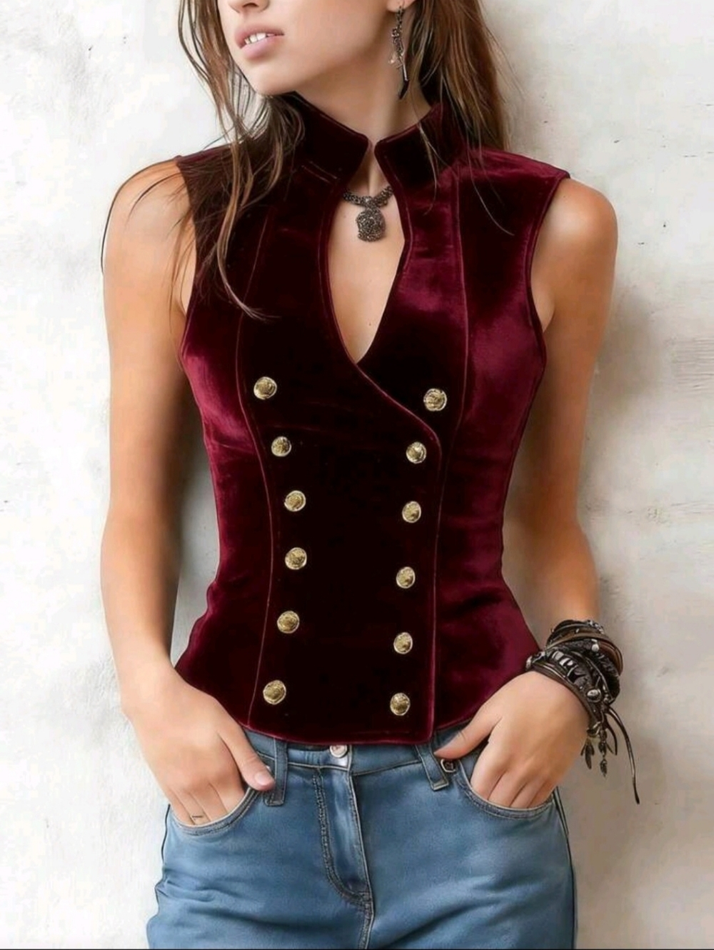 Red Velvet Military-Style Buttoned Corset Top